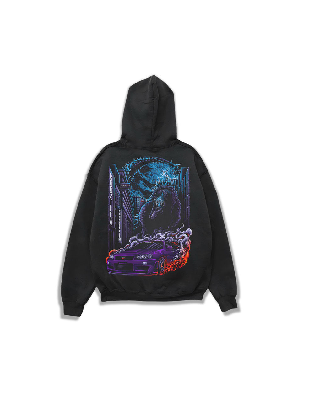 TUNER4/7 Godzilla R34 hoodie — purple Nissan Skyline GT-R R34 back artwork