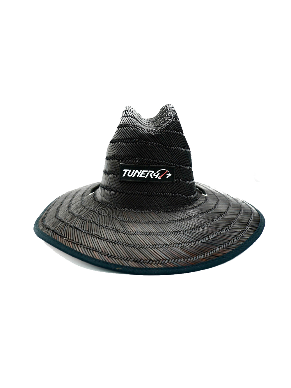Black woven TUNER4/7 sun hat with a wide brim, shaped crown, and white-and-red logo patch.