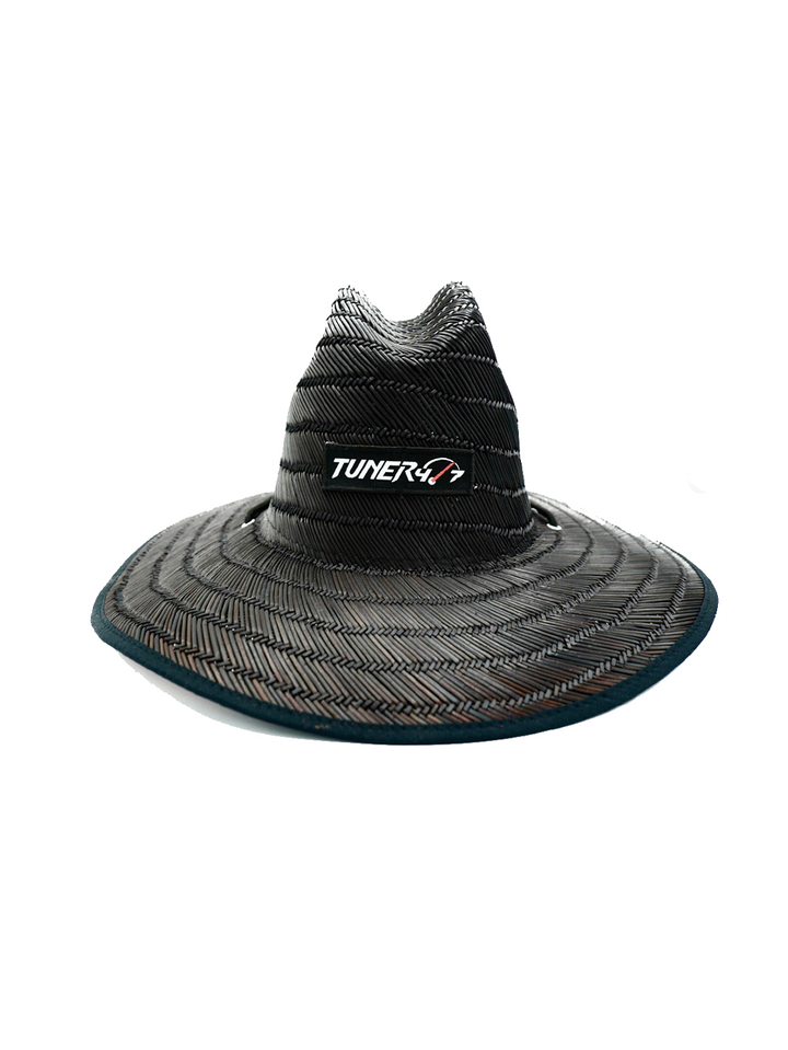 Black woven TUNER4/7 sun hat with a wide brim, shaped crown, and white-and-red logo patch.