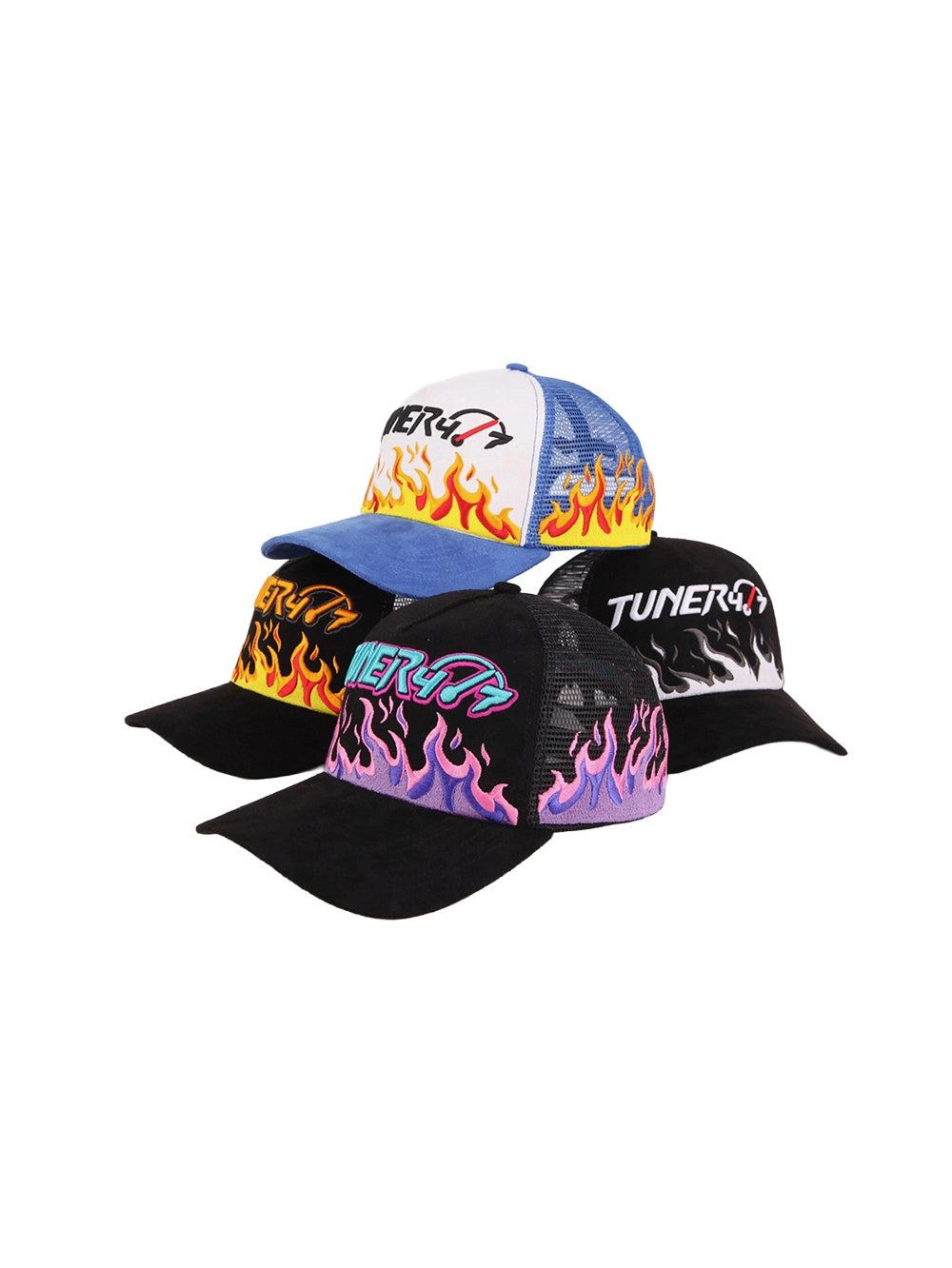 Four TUNER4/7 flame trucker hats in blue and white, black and orange, black and purple, and black and white on a white background.
