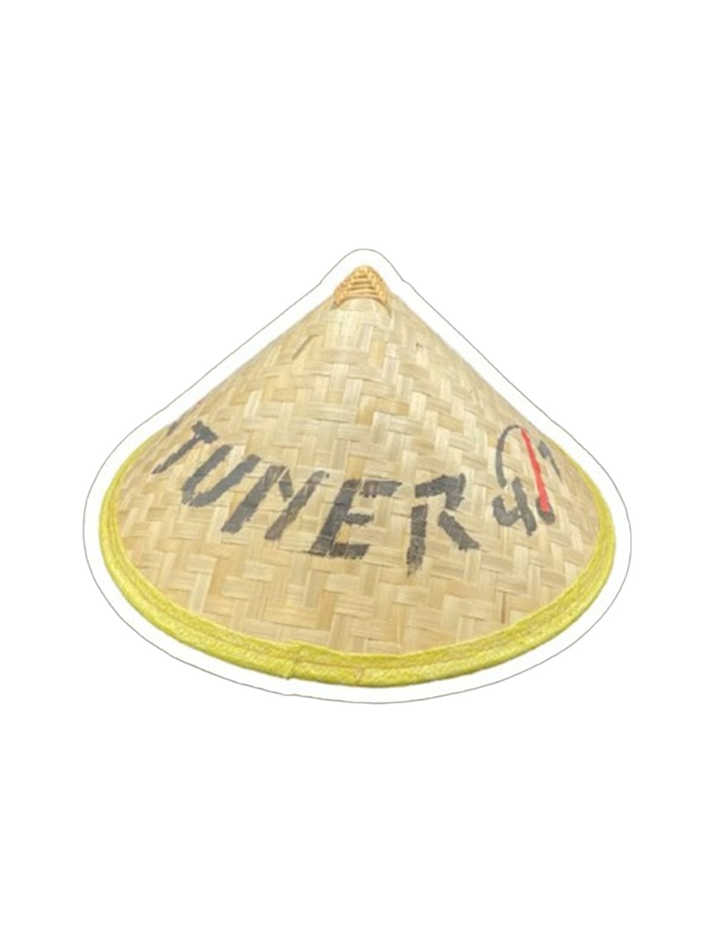 Woven TUNER4/7 conical hat with yellow trim and printed logo on a white background.