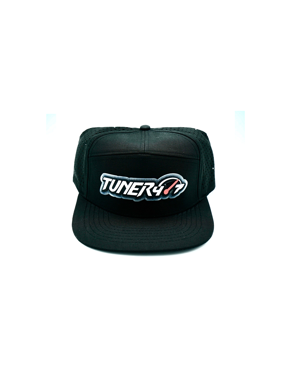 Black TUNER4/7 flat-brim hat with a white-and-red logo patch on the front.