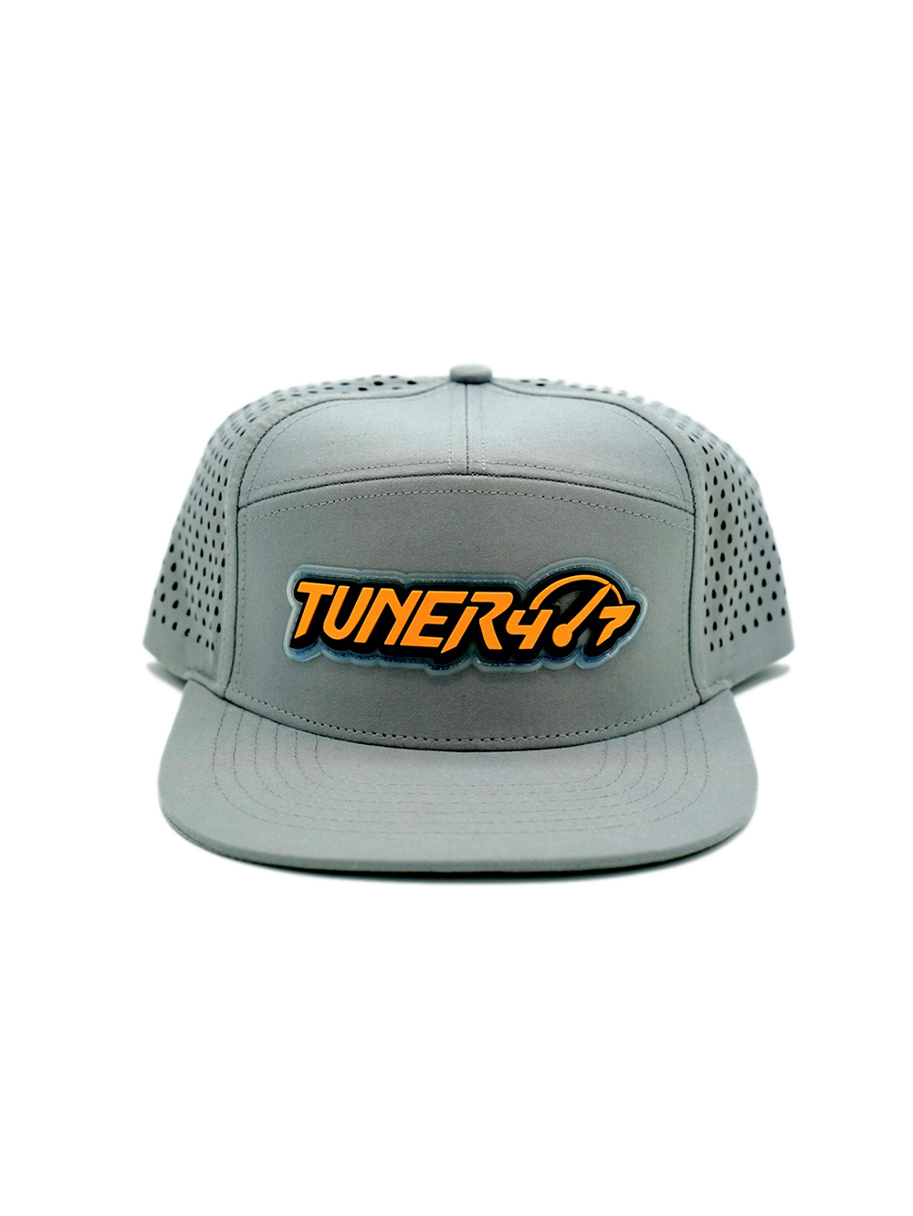 Grey TUNER4/7 flat-brim hat with an orange-and-black logo patch and perforated side panels.